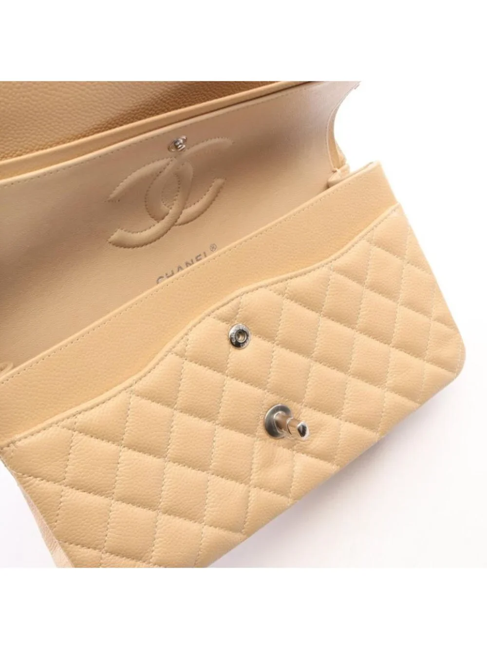 Chanel Shoulder Bag Quilted Double Flap Light Beige Caviar Leather Chain